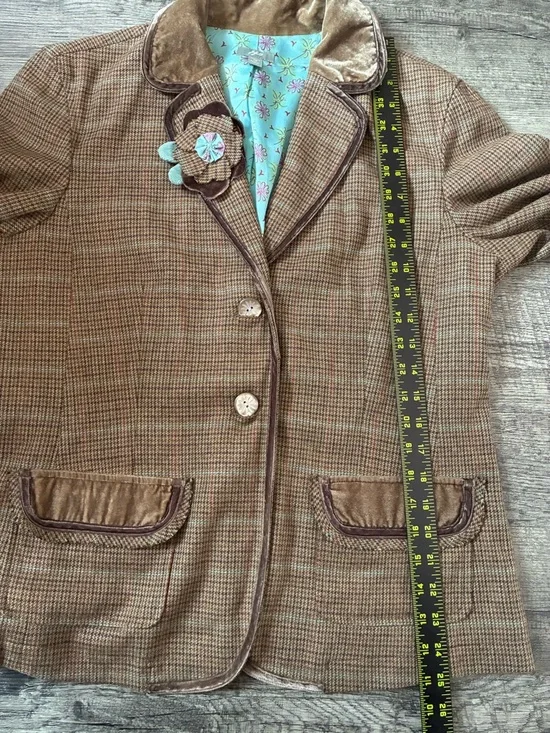 J Jill Blazer Jacket 12 Houndstooth Wool Blend Velvet Trim Boho Flower Child Y2K - Picture 14 of 15